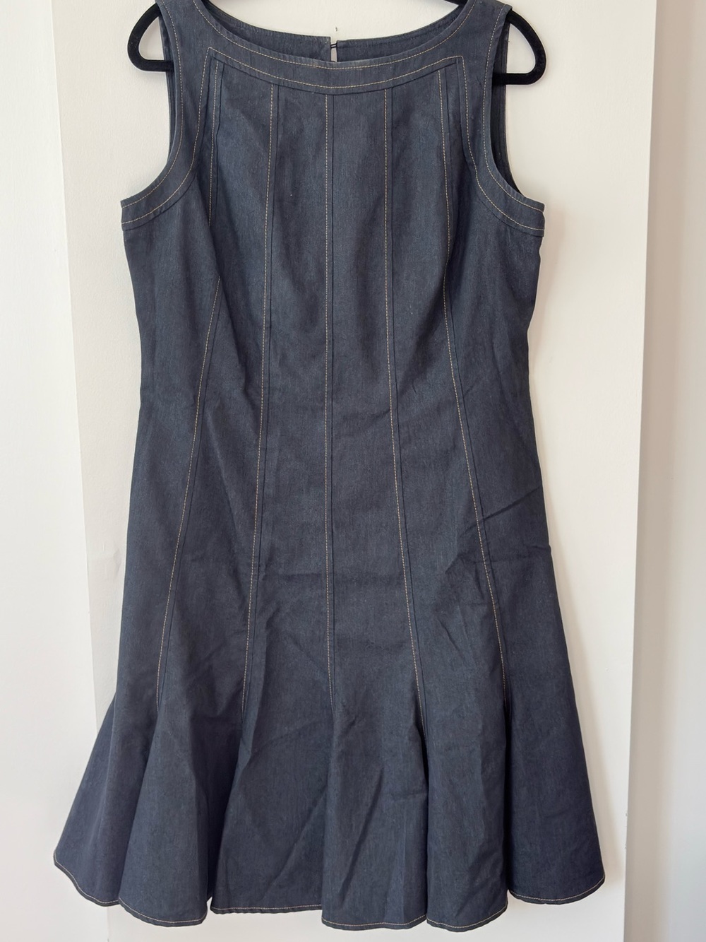 Dressbarn Dark Wash Denim Flared Drop-Waist Midi Dress | Size 14